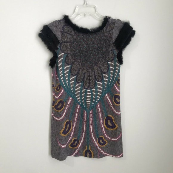 Aryeh Gray Paisley Fur Trim Mini Dress - Picture 4 of 6
